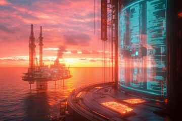 A futuristic oil rig surrounded by glowing holographic screens displaying data, set against a dramatic sunset over the ocean.