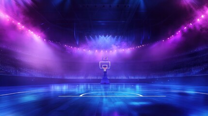 Empty basketball arena with vibrant lighting, showcasing a hoop center court.