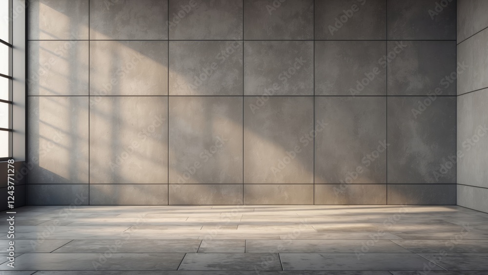 Aufkleber modern minimalist interior with concrete wall and natural light creating shadows on the floor suitab