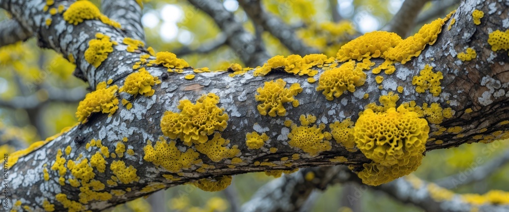Poster close-up of a mossy tree branch showcasing vibrant yellow lichen patterns against a textured gray ba