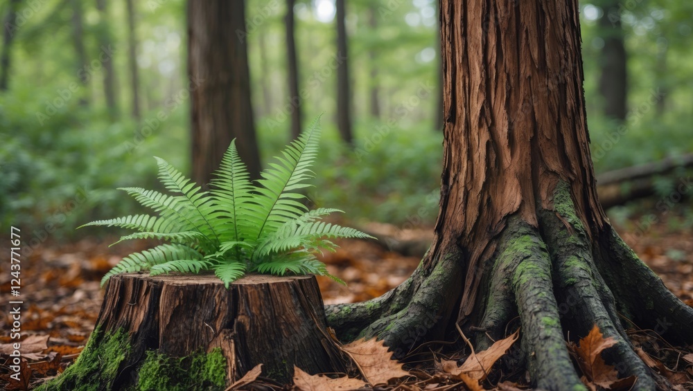 Poster tranquil forest scene featuring a vibrant green fern growing on a rustic brown tree stump with a blu