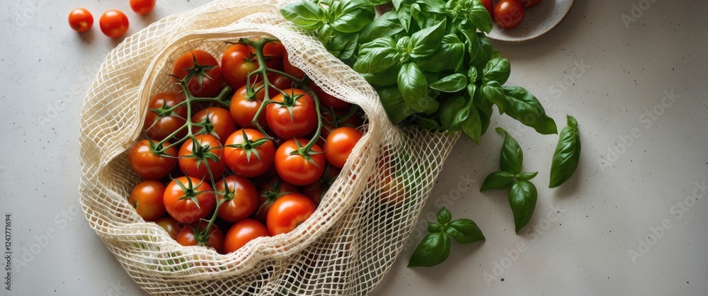 Poster vibrant tomatoes and fresh basil in a reusable net bag on a light countertop showcasing farm-to-tabl