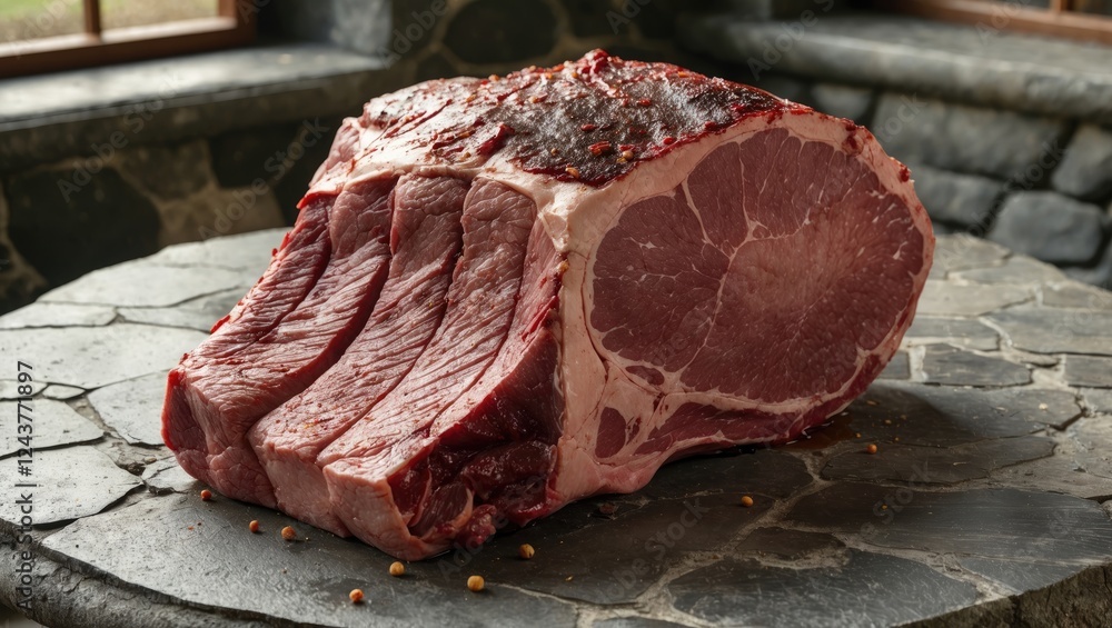 Poster large raw meat cut served on a textured stone table in a rustic setting ideal for culinary and butch