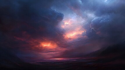 Fototapeta premium A moody overcast sky with flashes of distant lightning, a mysterious and atmospheric scene, layers of clouds shifting, an impending storm brewing