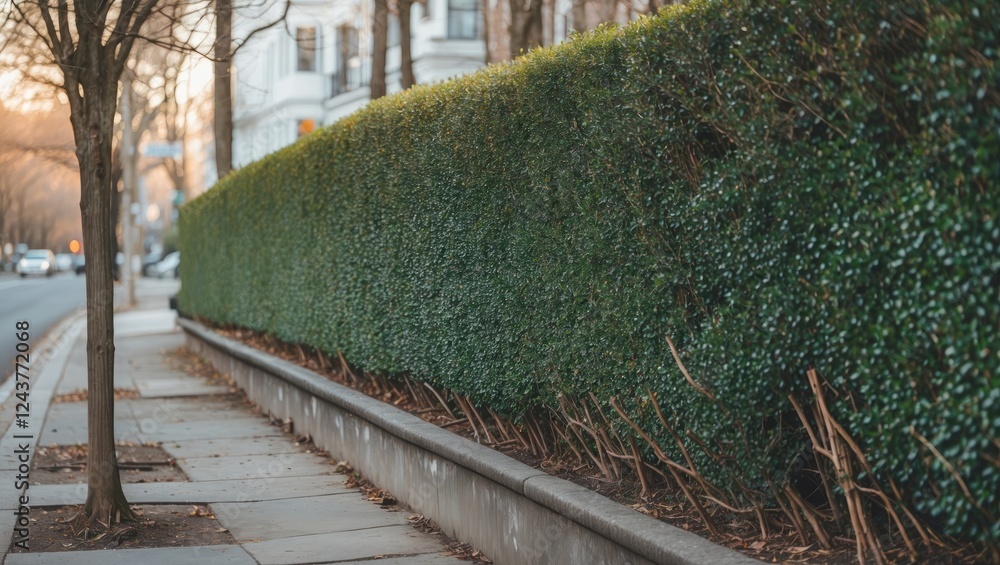 Poster a lush green hedge alongside a sidewalk with empty space for text and trees in the background during