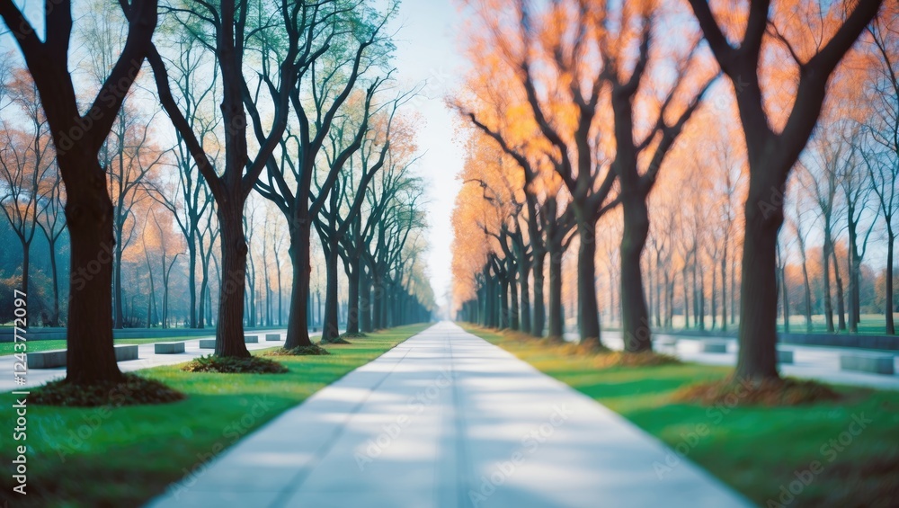 Poster lined pathway with clear and blurred trees showcasing vibrant autumn colors and ample space for text