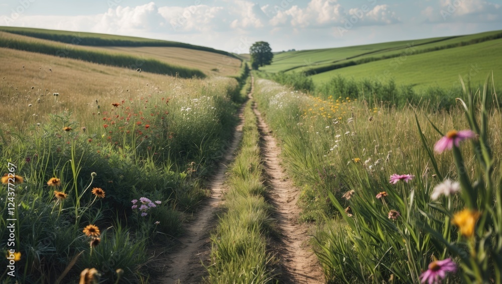 Poster serene pathway through lush fields with colorful wildflowers and open sky ideal for text overlay or 