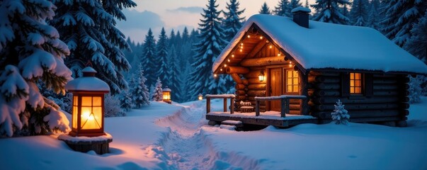 Twinkling lanterns on a snow-covered cabin roof, rustic charm, cold climate