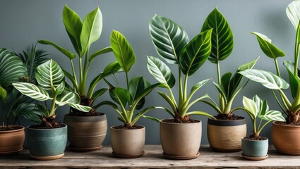 Fototapeta premium Anthurium Crystallinum Collection in Stylish Pots Against a Neutral Background with Space for Text Integration and Plant Care Tips