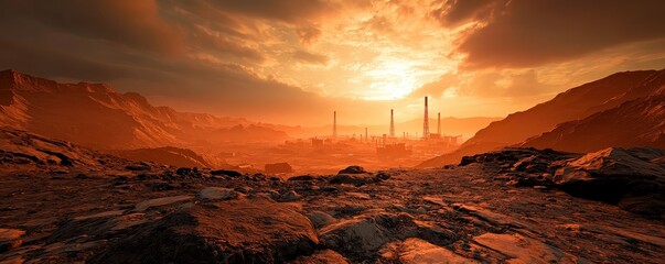 Dramatic Sunset over Martian like Landscape with Industrial Complex