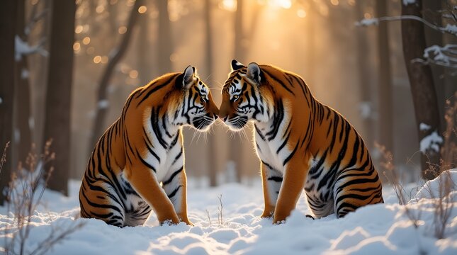 Two Amur tigers kiss in the snow forest. A tiger with a tigress in the wedding period.