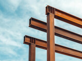 Fototapeta premium Minimalist steel framework of a bridge under construction, set against a cloudy sky