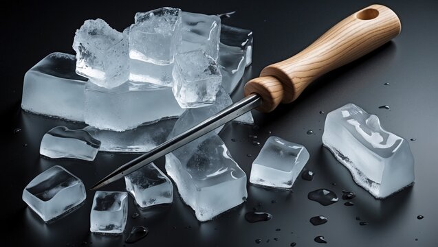 Still-life composition of ice cubes and a wooden handled ice pick on a dark background highlighting textures and clarity of ice elements