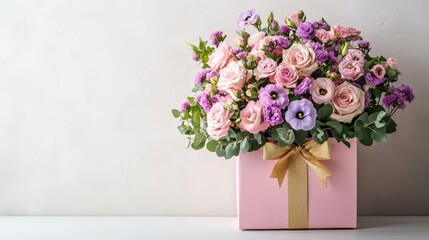 Fototapeta premium A luxury floral arrangement in a pink gift box, featuring elegant roses and decorative ribbons. Perfect for weddings, anniversaries, and Valentine's Day gifting.