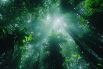 Fototapeta premium Sunlight pierces through dense foliage, illuminating a path to serenity. It symbolizes hope, guidance, and the beauty found in nature's embrace.