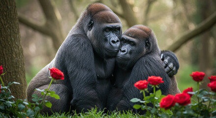 Valentine's Day Rose Cuddling Gorilla Couple
