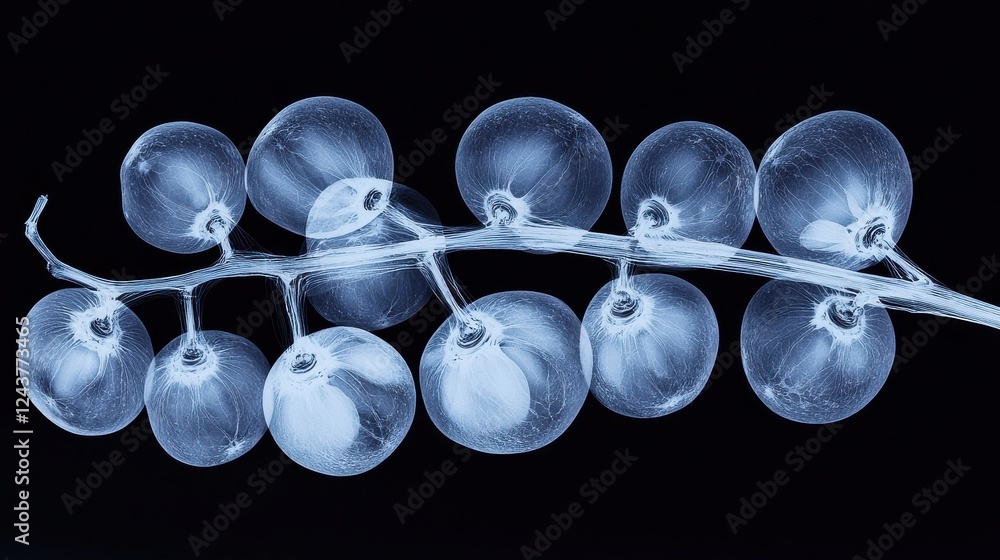 Aufkleber close up of a grapevine branch with translucent, light blue grapes against a black background. high 