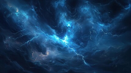 Obraz premium A panoramic skyscape filled with electrifying lightning bolts, dark swirling storm clouds, an intense blue glow illuminating the night sky, dramatic and cinematic
