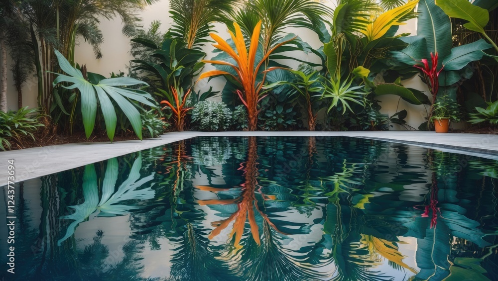 Poster tropical plants reflection on calm pool water surface with lush greenery and empty space for text in