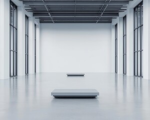 Futuristic minimalist steel warehouse with floating robotic platforms