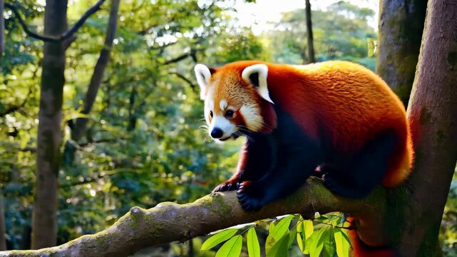 Red panda is sitting on a tree branch. The tree is surrounded by green leaves and the panda is looking at the camera