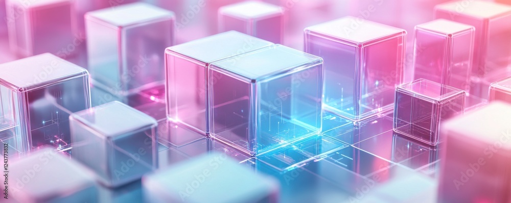 Poster a futuristic scene featuring translucent blocks with vibrant lighting, creating a visually striking 