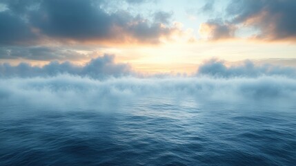 Obraz premium misty morning mist blankets the calm ocean under a cloudy sky background