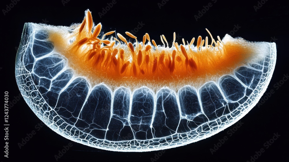 Poster microscopic view of a translucent organism with orange filaments and a segmented structure against a