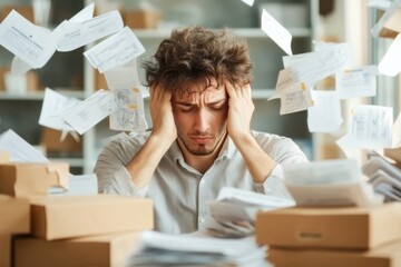 A stressed businessman surrounded by overdue bills and debt collection notices