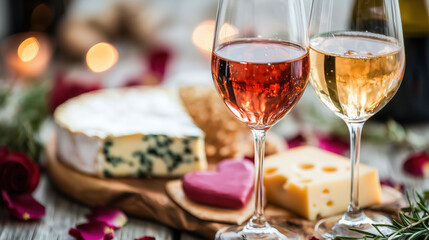 Fototapeta premium A close-up of wine glasses clinking, with a heart-shaped cheese platter and rose petals in the background.