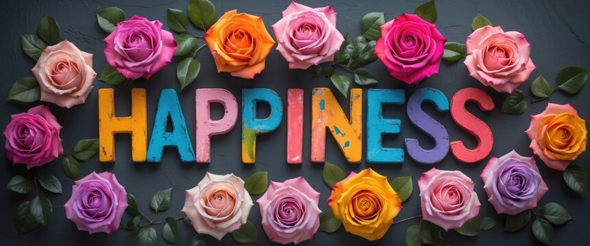 Colorful roses surrounding the word happiness creatively arranged to evoke joy and positivity in an artistic flat lay design.