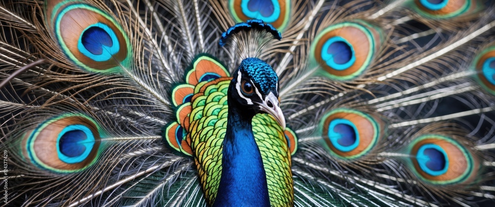 Poster vibrant closeup of intricate peacock feathers showcasing mesmerizing patterns and vivid colors in a 