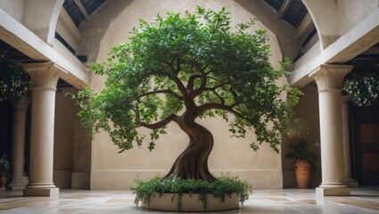 Elegant indoor bonsai tree with twisting trunk and lush green foliage in a serene architectural setting. A symbol of tranquility and beauty.