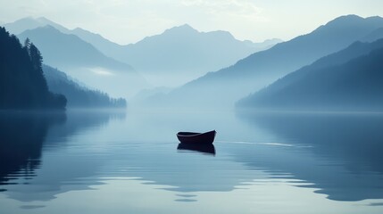 Solitary boat on misty mountain lake at dawn; serenity