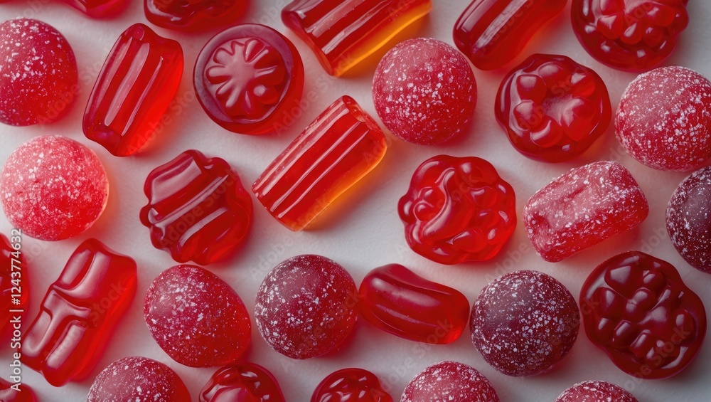 Poster assorted red gummy candies in various shapes and textures on a white background ideal for sweet trea