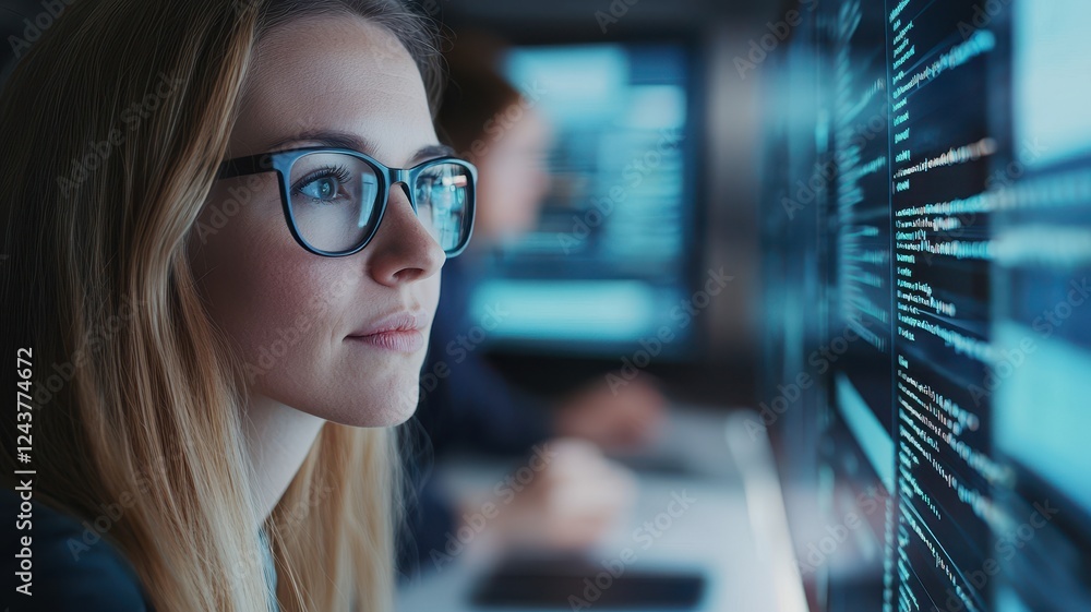 Poster a focused woman with glasses looks at digital screens displaying data, immersed in her work at a tec