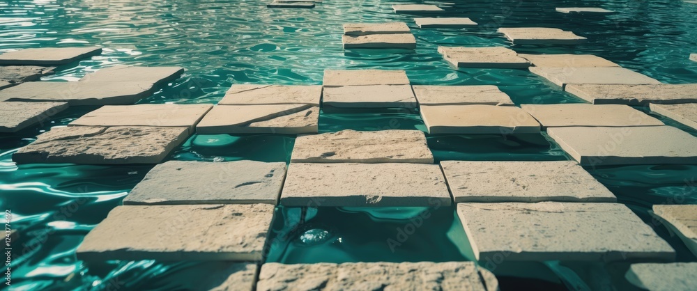 Poster abstract water surface over flat stone tiles creating relaxing background with space for text or des