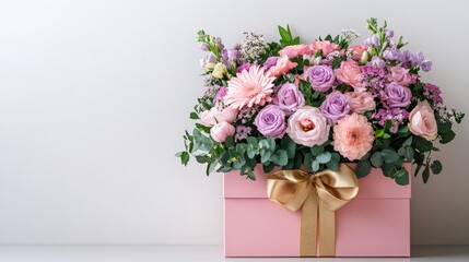 Fototapeta premium A luxury floral arrangement in a pink gift box, featuring elegant roses and decorative ribbons. Perfect for weddings, anniversaries, and Valentine's Day gifting.
