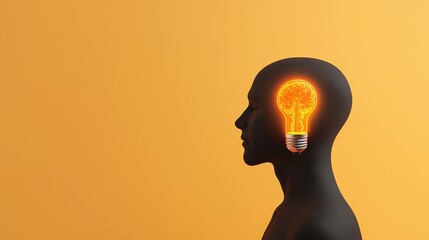 Silhouette of Human Head with Glowing Lightbulb on Yellow Background
