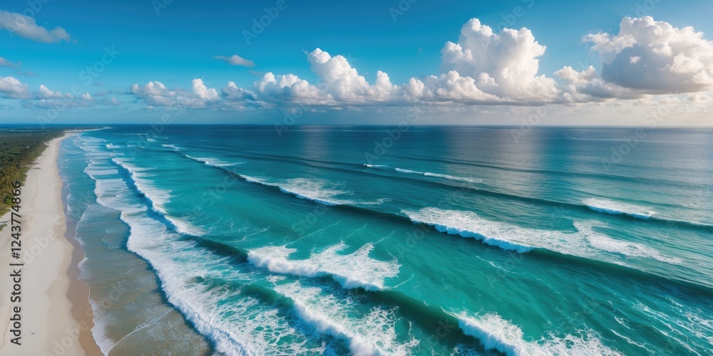 Poster aerial view of turquoise waters crashing against a pristine beach under a clear sky with clouds and 