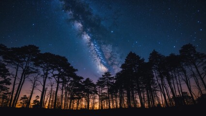 Silhouette of Tall Trees Against Vibrant Starry Sky with Milky Way and Space for Text in Background