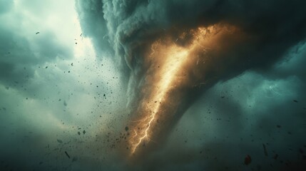 Fototapeta premium A powerful tornado forming in the middle of a thunderstorm, lightning illuminating its twisting funnel, dust and debris swirling in the air