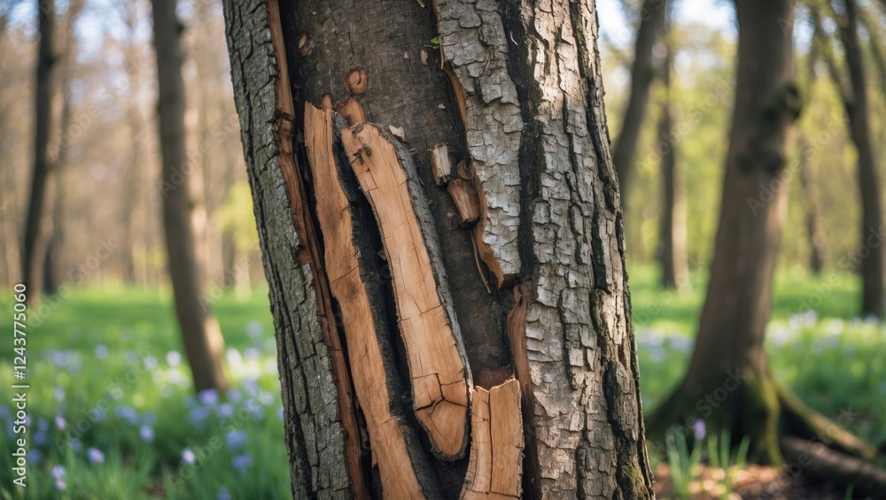 Poster close-up of a tree trunk with exposed wood and patchy bark in a vibrant spring forest setting illumi