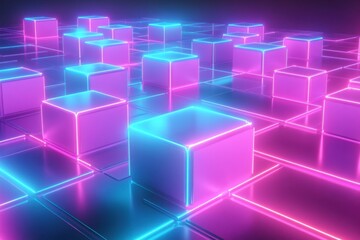 Obraz premium A vibrant, neon-lit scene featuring glowing cubes set on a reflective surface, creating a futuristic, digital atmosphere.