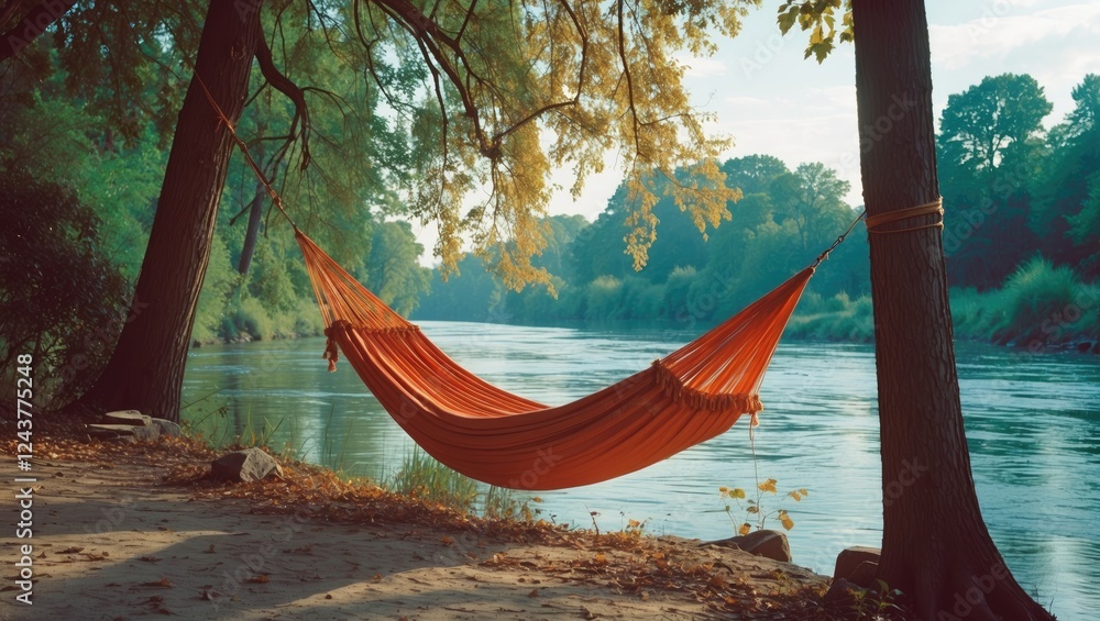Poster hammock hanging between trees by a tranquil river with soft morning light and blank space for text o