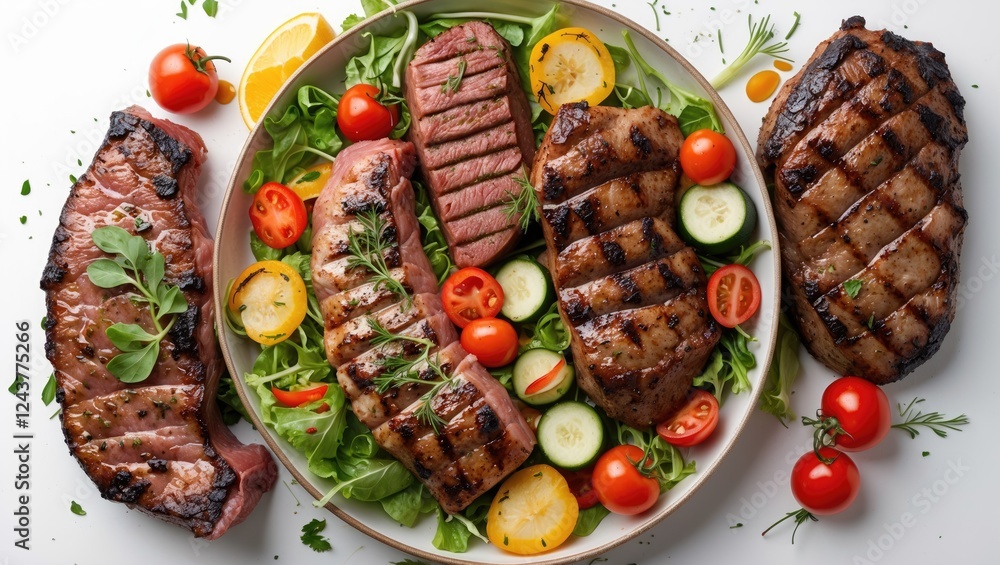 Poster grilled assorted meats placed on fresh salad with vegetables and lemon slices isolated on white back