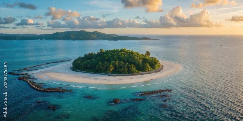 Poster aerial scenic landscape of nut island surrounded by ocean with empty space for text and cloudy sky a