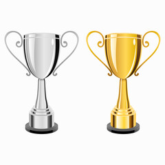 Gold, silver and bronze trophy cups on a white background. Vector illustration