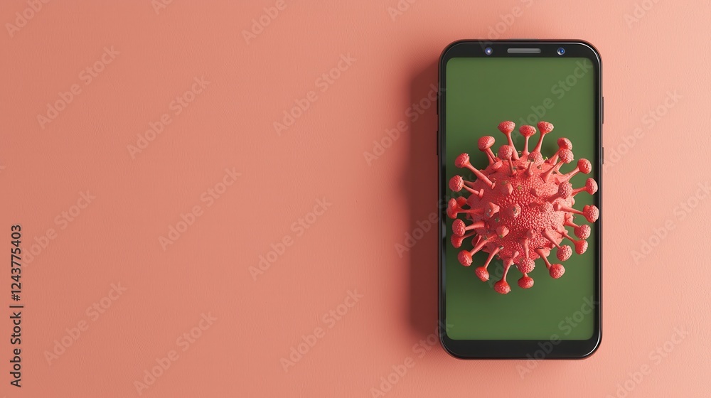 Poster smartphone displaying 3d virus model on trendy background color