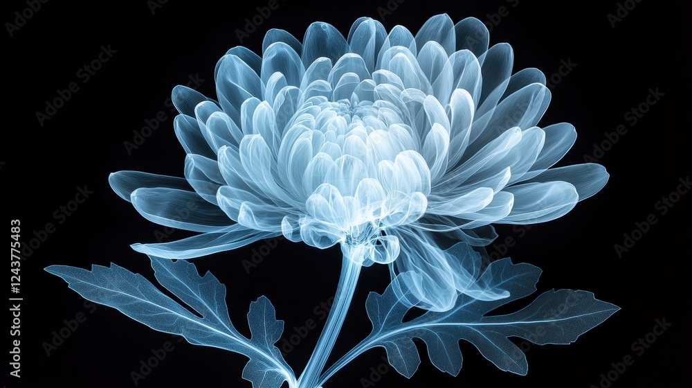 Poster abstract image of a blue and white flower on a black background. the flower is rendered with a point